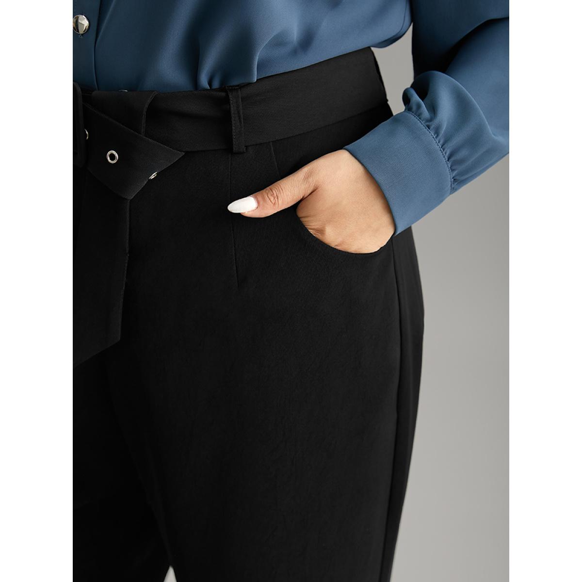 Plus Size Static-Free Buckle Detail Eyelet Pants Women Black Office High Rise Office Pants BloomChic 12/L Product Image