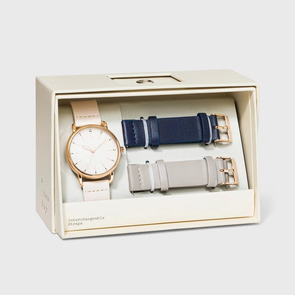 Women's Strap Watch with Changeable Straps - A New Day™ Beige/Navy/Gray Product Image