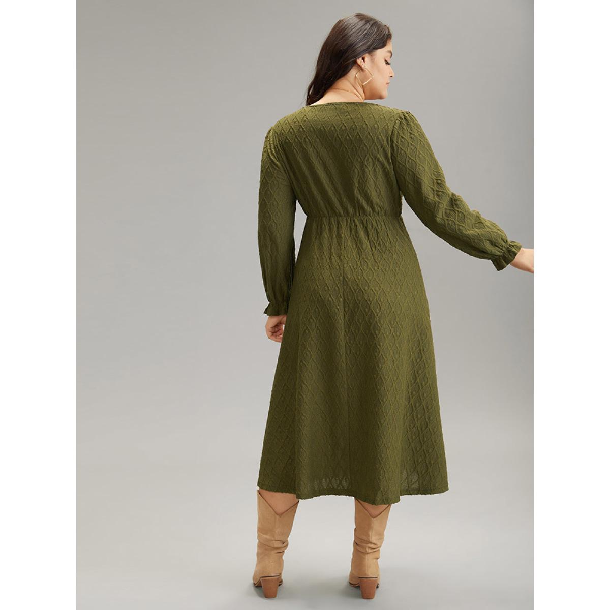 Plus Size Textured Jacquard Notched Ruffle Sleeve Dress ArmyGreen Women At the Office Texture Notched collar Long Sleeve Curvy Midi Dress BloomChic 14-16/1X Product Image