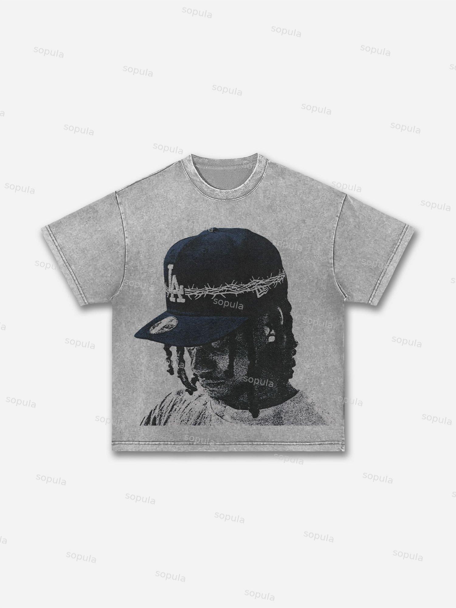 Vintage Street Portrait Graphic Print Acid Wash T-shirt Product Image
