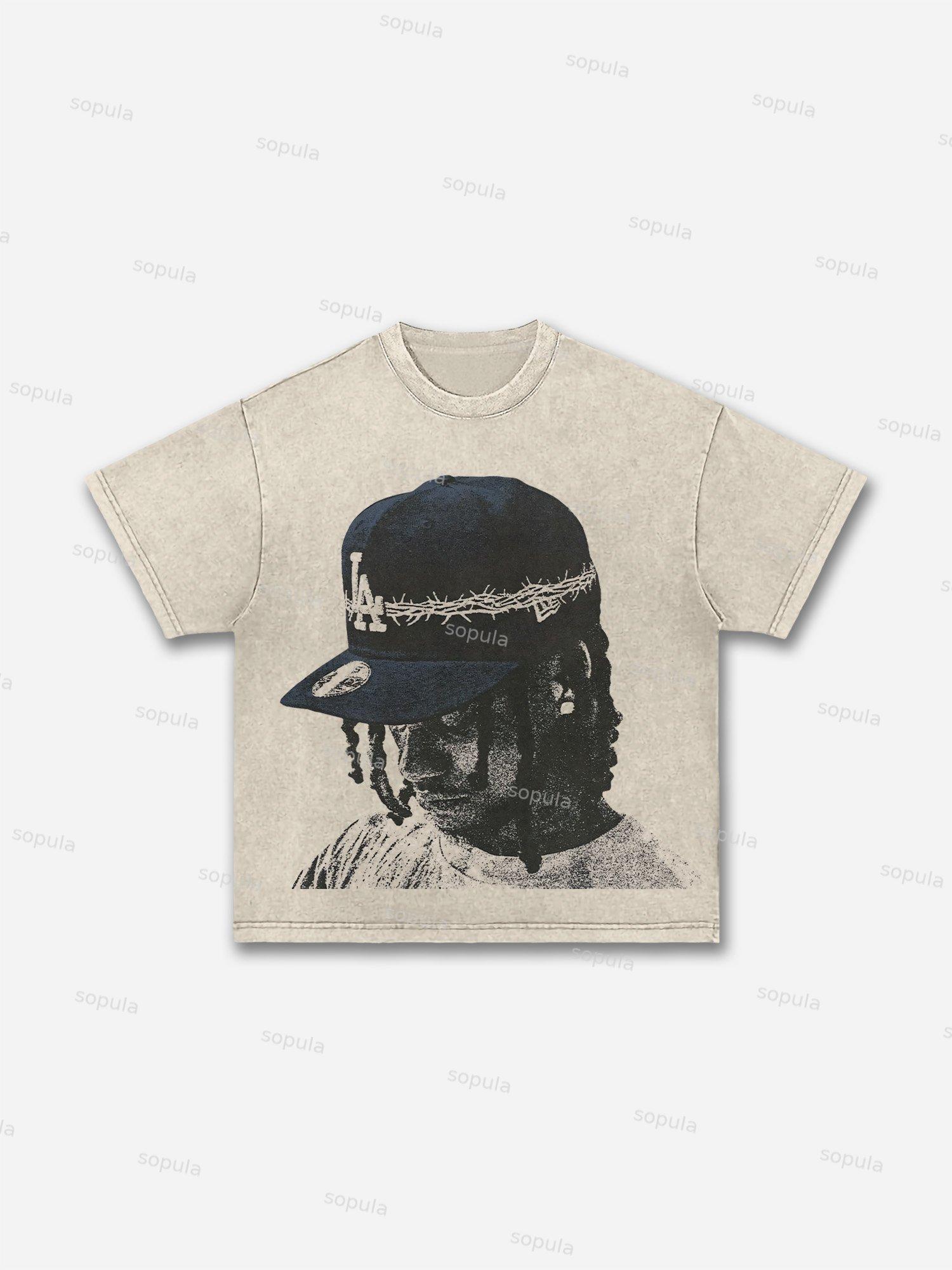 Vintage Street Portrait Graphic Print Acid Wash T-shirt Product Image