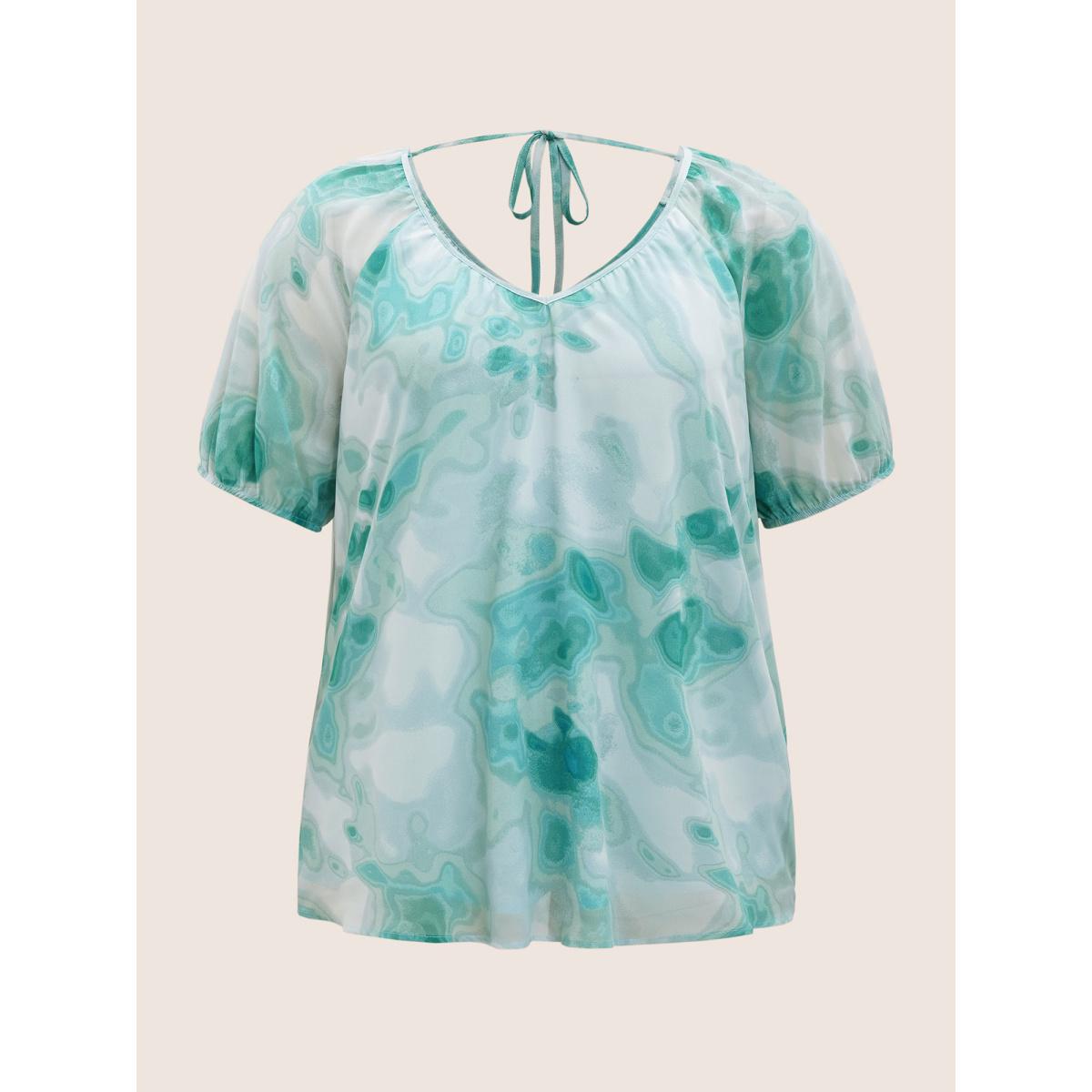 Plus Size Turquoise Synthetic Texture Raglan Sleeve Gathered Blouse Women Elegant Short sleeve V-neck Everyday Blouses BloomChic 10/M Product Image