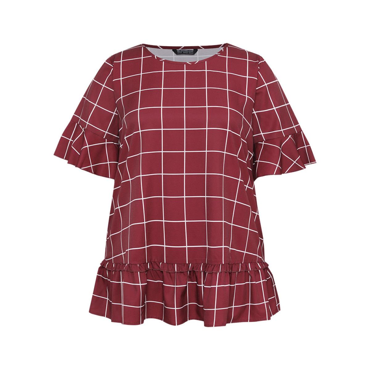 Plus Size Burgundy Plaid Frill Trim Bell Sleeve Flutter Hem Blouse Women Elegant Half Sleeve Round Neck Dailywear Blouses BloomChic 22-24/3X Product Image