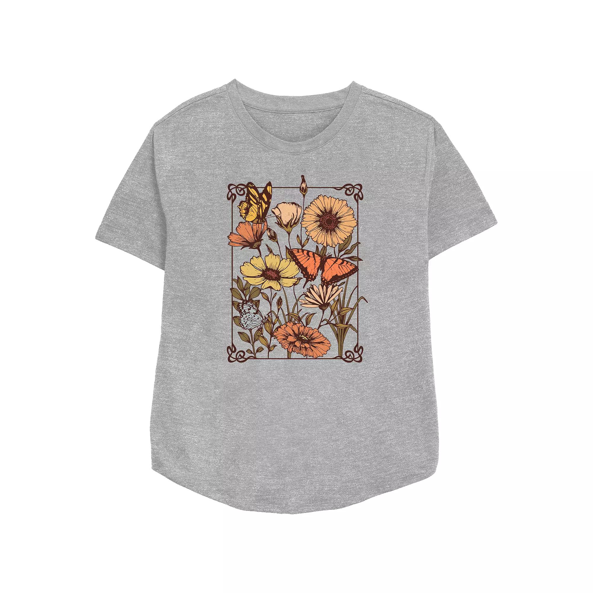 Women's Fall Flowers Butterfly Frame Relaxed Fit Graphic Tee, Girl's,  Product Image