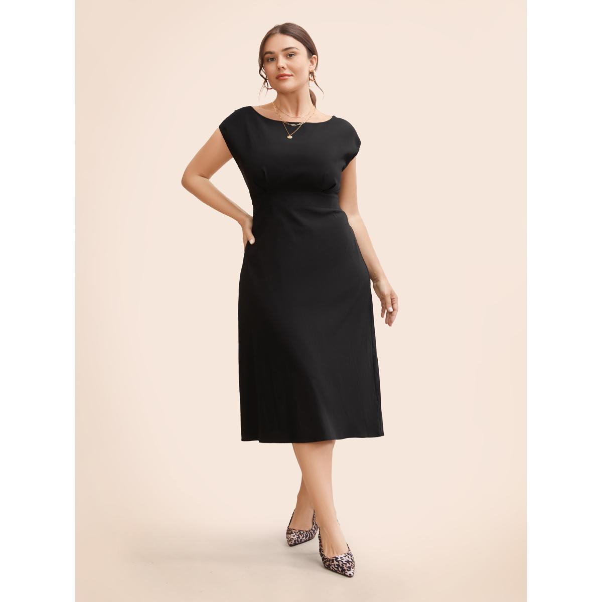 Plus Size Stretch Woven Cowl Neckline Midi Dress Black Women Workwear Essentials Pleated Boat Neck Cap Sleeve Curvy BloomChic 10/M Product Image