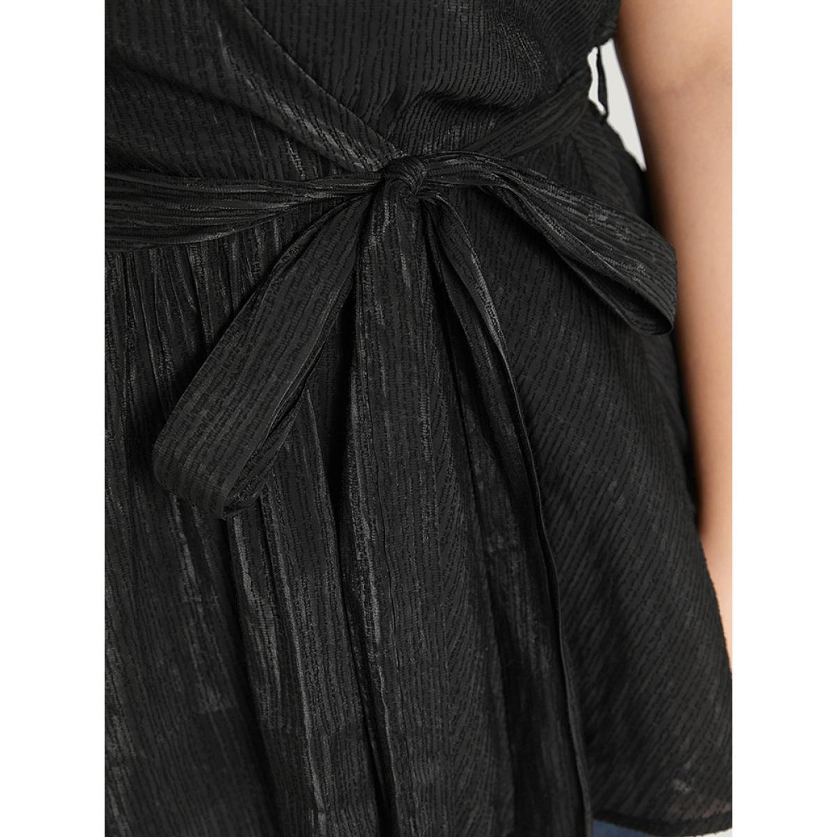 Plus Size Black Plain Plisse Surplice Neck Belted Flutter Blouse Women Elegant Short sleeve V-neck Dailywear Blouses BloomChic 30/6X Product Image