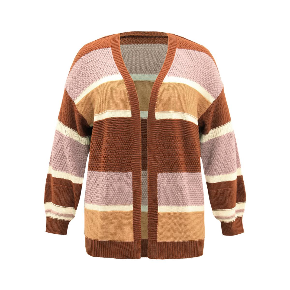 Plus Size Striped Contrast Elastic Cuffs Cardigan Multicolor Women Casual Loose Long Sleeve Dailywear Cardigans BloomChic 30/6X Product Image