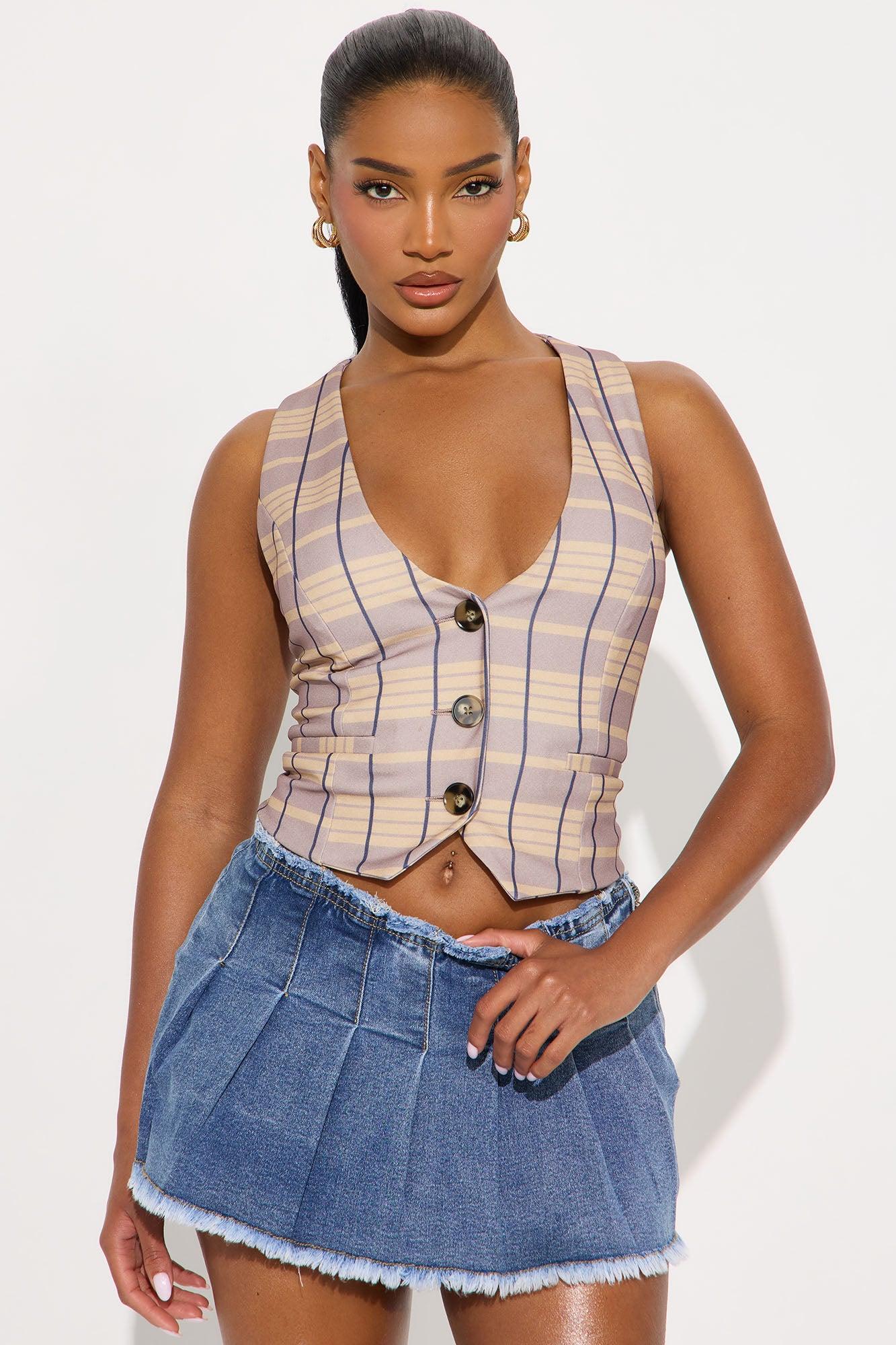 Read Between The Lines Plaid Vest Top - Taupe/combo Female Product Image