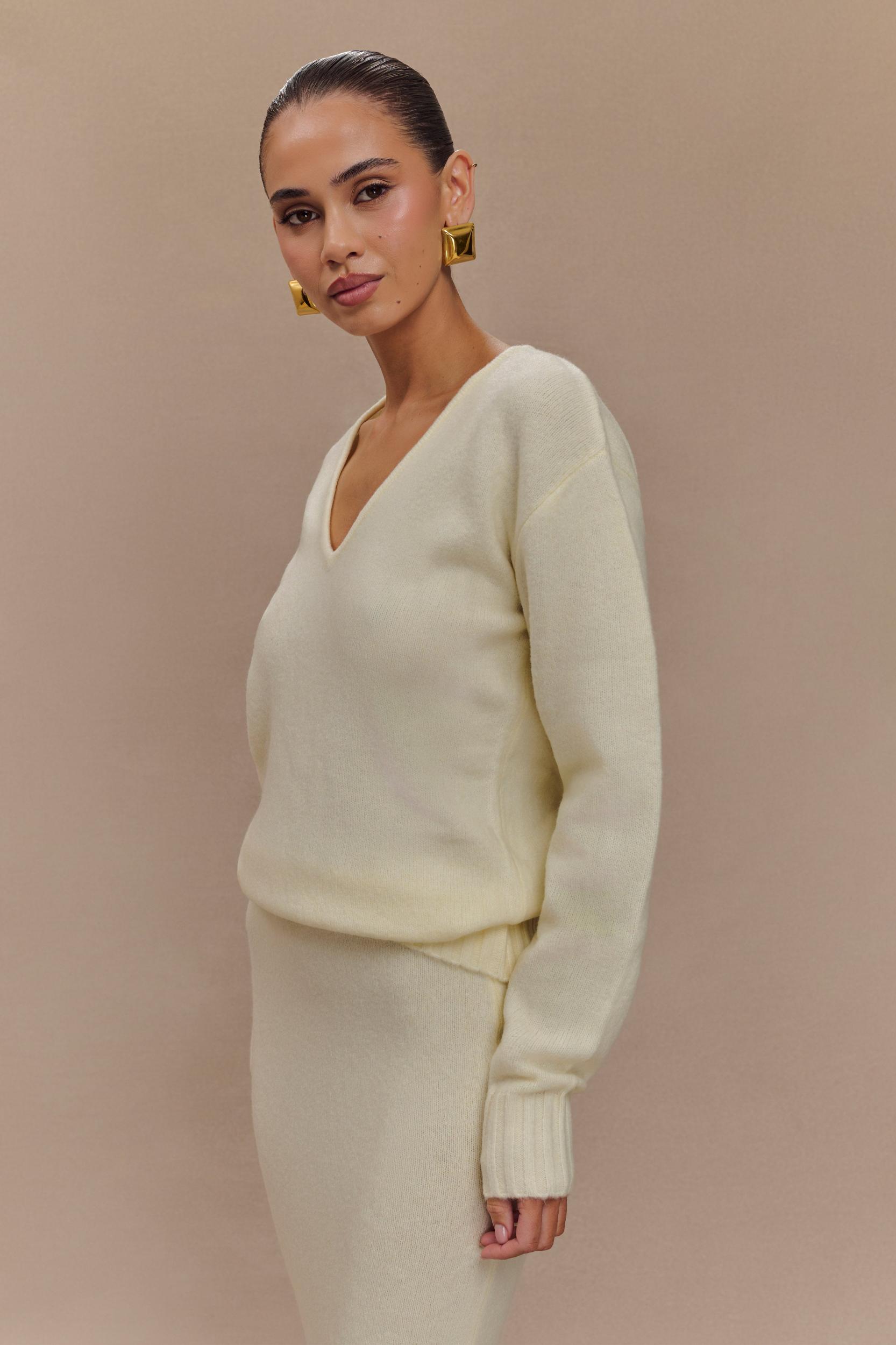 Ella V Neck Knit Jumper With Scarf - Ivory Marle Product Image