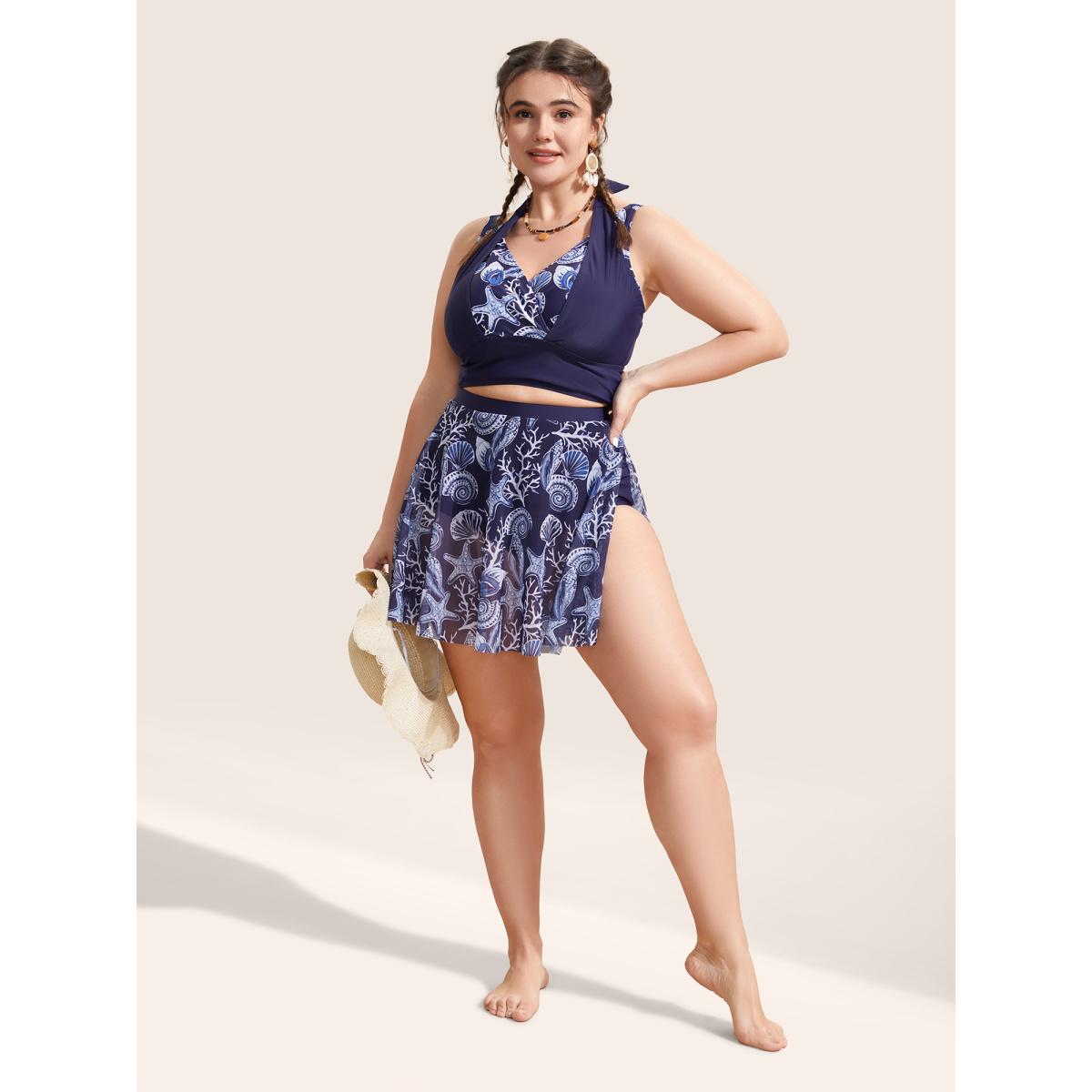 Plus Size Marine Elements Patchwork Tie Knot Swim Top Women's Swimwear Indigo Beach Cross straps High stretch Skinny V-neck Curve Swim Tops BloomChic 26/4X Product Image