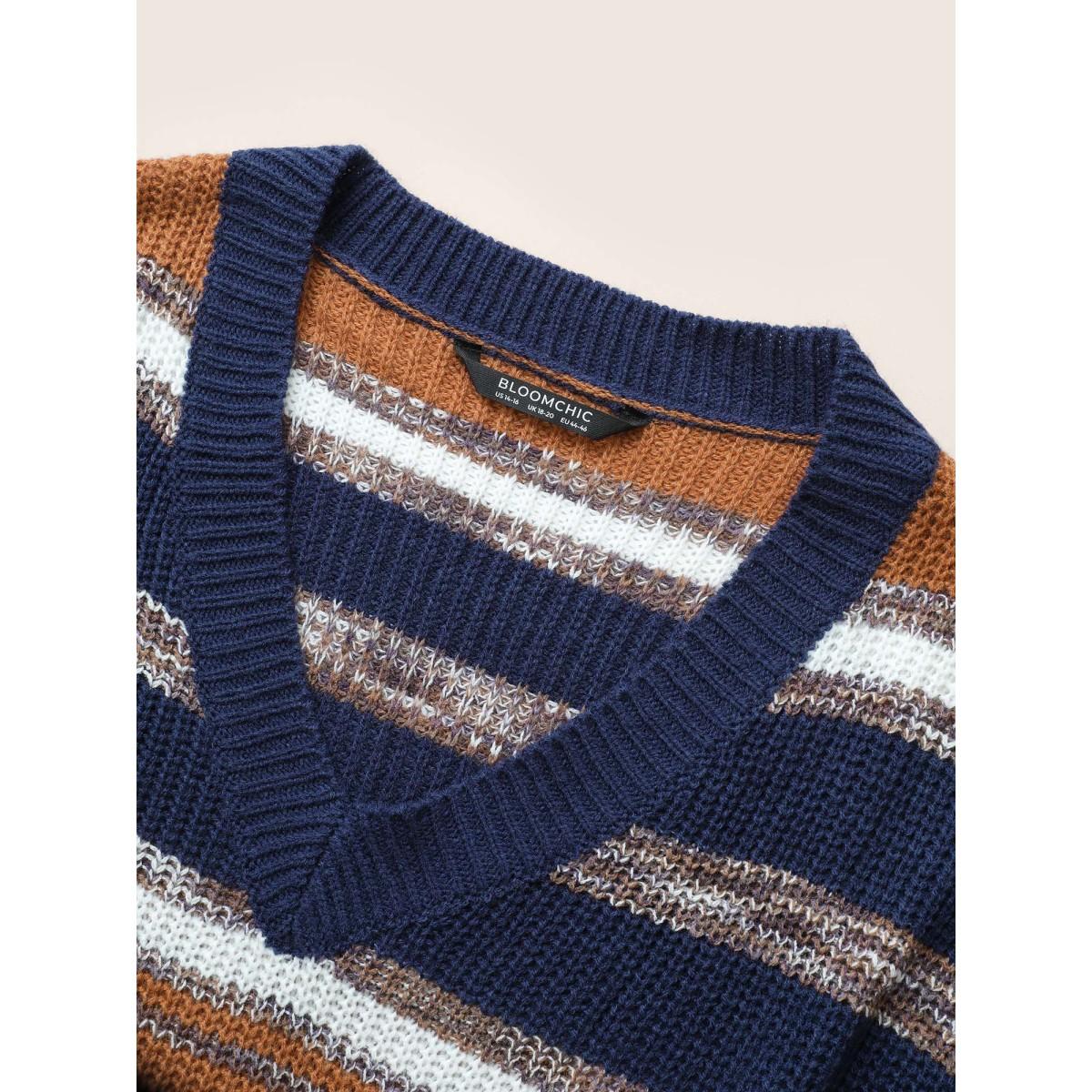 Plus Size Striped Colorblock Contrast Heather Patchwork Pullover Chocolate Women Casual Loose Long Sleeve V-neck Dailywear Pullovers BloomChic 12/L Product Image