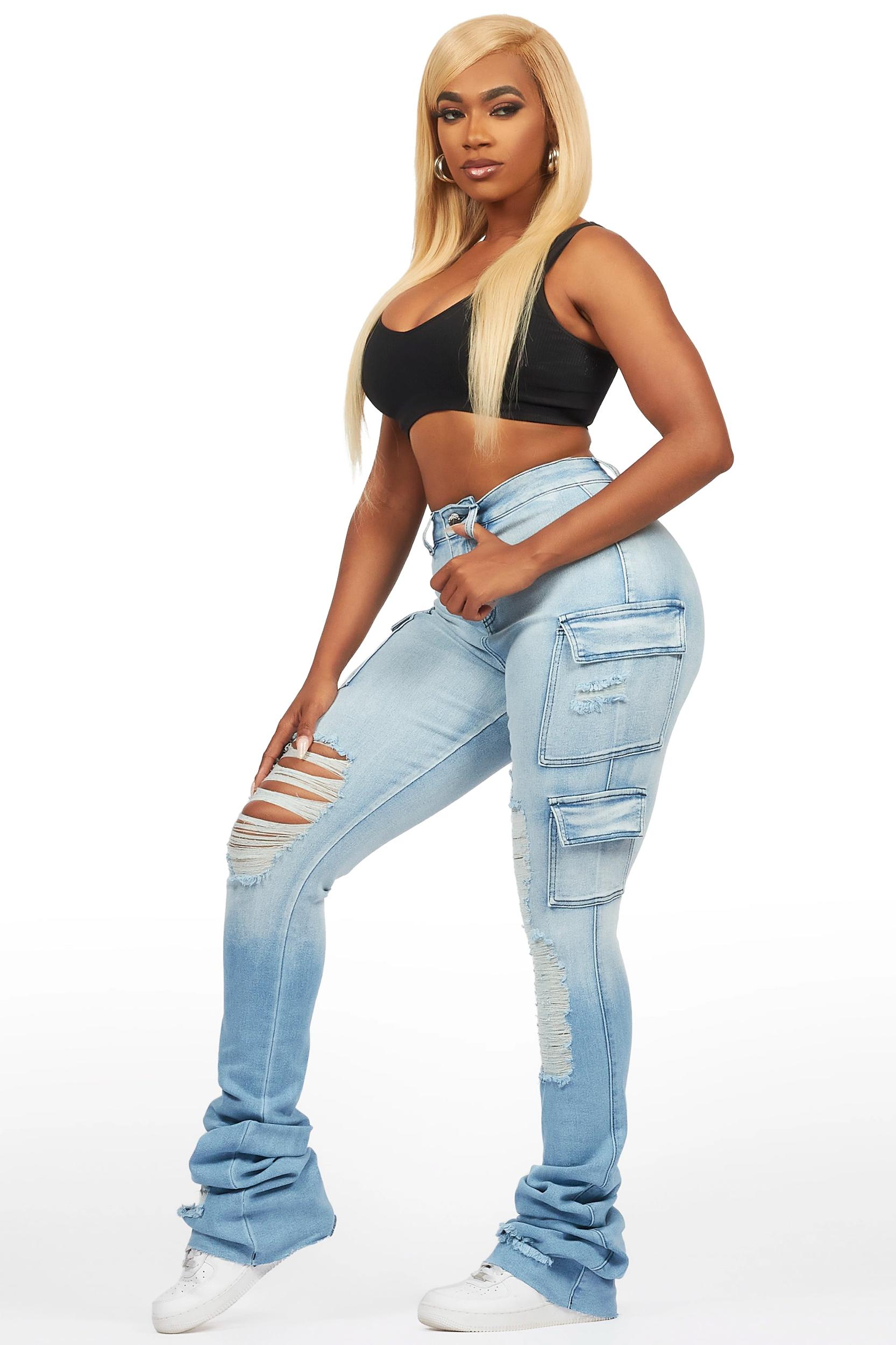 Vixen Light Wash Distressed Cargo Super Stacked Jean Female Product Image