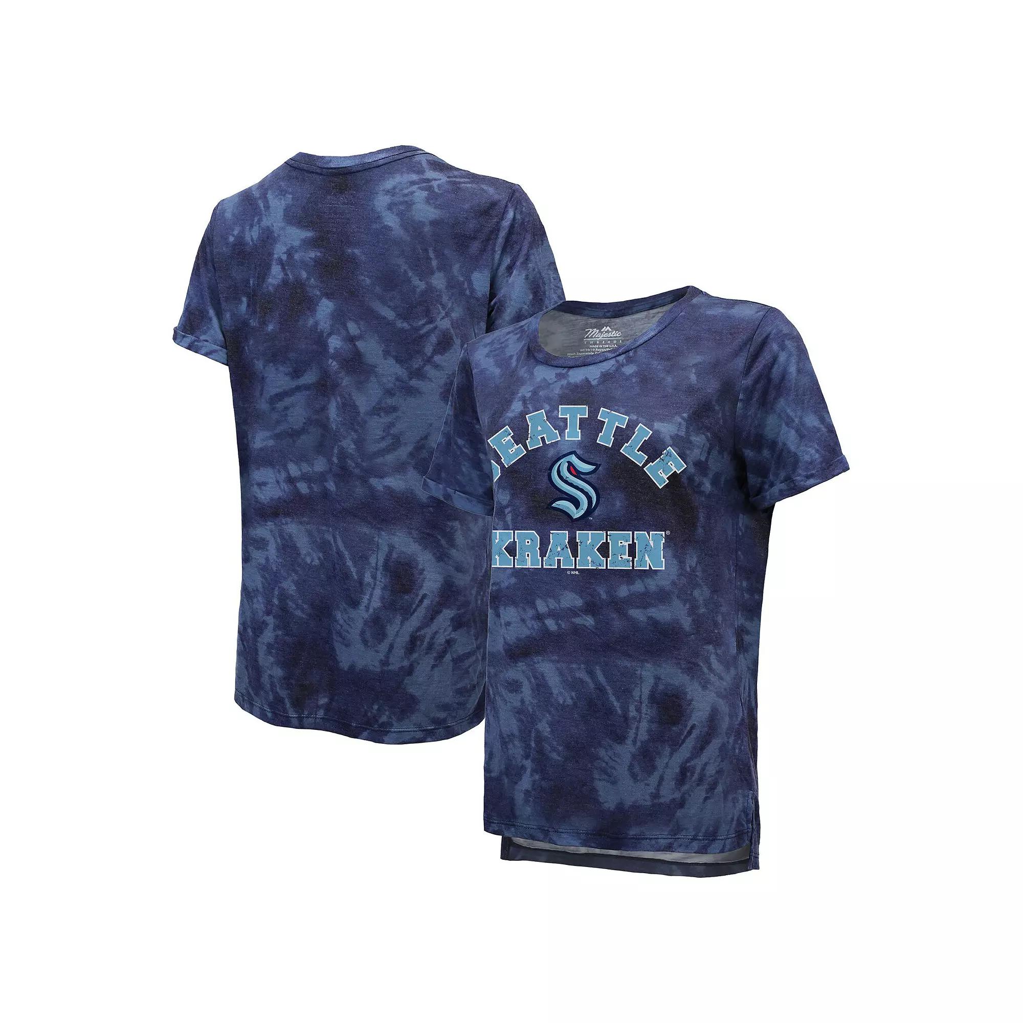 Women's Majestic Threads Deep Sea Blue Seattle Kraken Boyfriend Tie-Dye T-Shirt,  Product Image