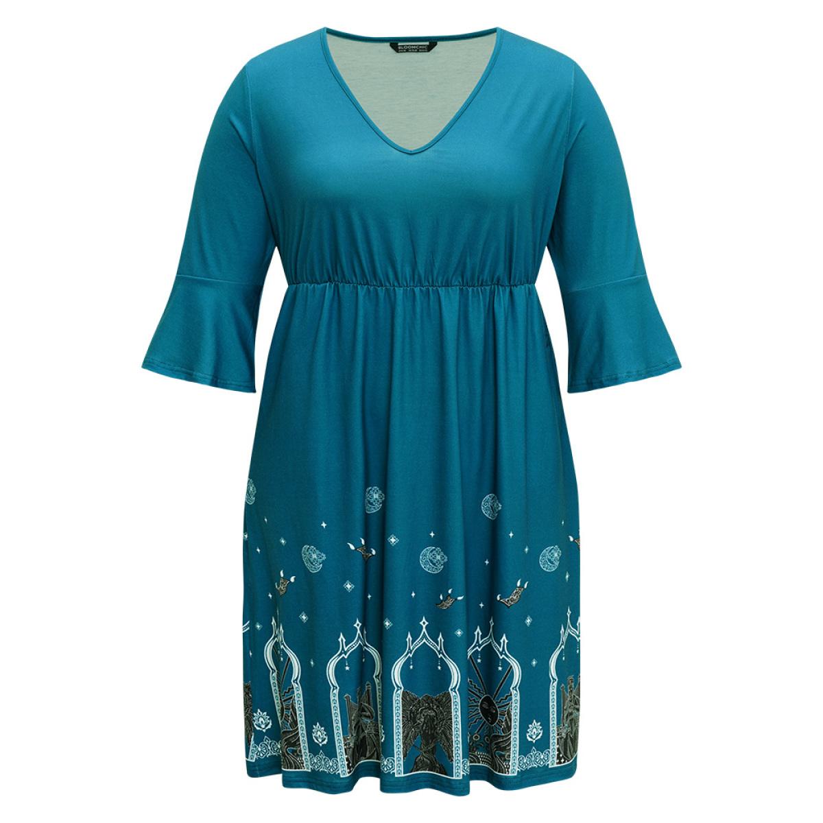 Plus Size Halloween Graphic Pocket Ruffle Trim Gathered Dress Emerald Women Casual Printed V-neck Elbow-length sleeve Curvy Midi Dress BloomChic 10/M Product Image