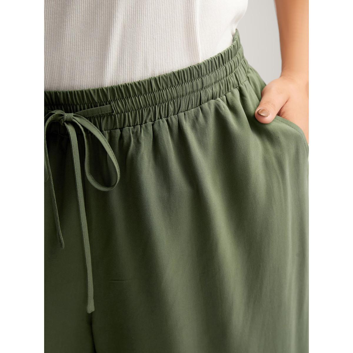 Plus Size Waist Drawstring Wide-Leg Pleated Pants Women ArmyGreen Beach Wide Leg Mid Rise Vacation Pants BloomChic 30/6X Product Image
