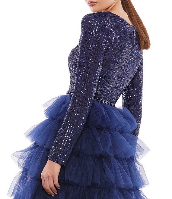 Mac Duggal Tiered Ruffle Crew Neck Long Sleeve Midi Dress Product Image
