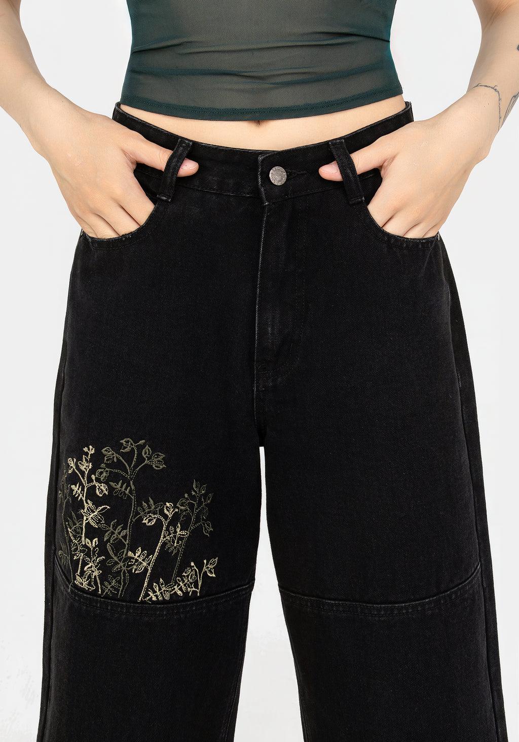Buckthorn Embroidered Denim Barrel Leg Jeans Product Image