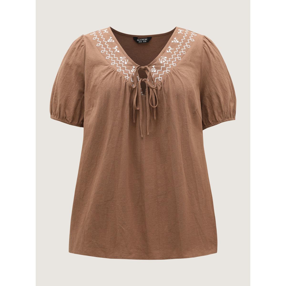 Plus Size Bronze Pure Cotton Embroidered Neck Blouse Women Boho Short sleeve V-neck Vacation Blouses BloomChic 10/M Product Image