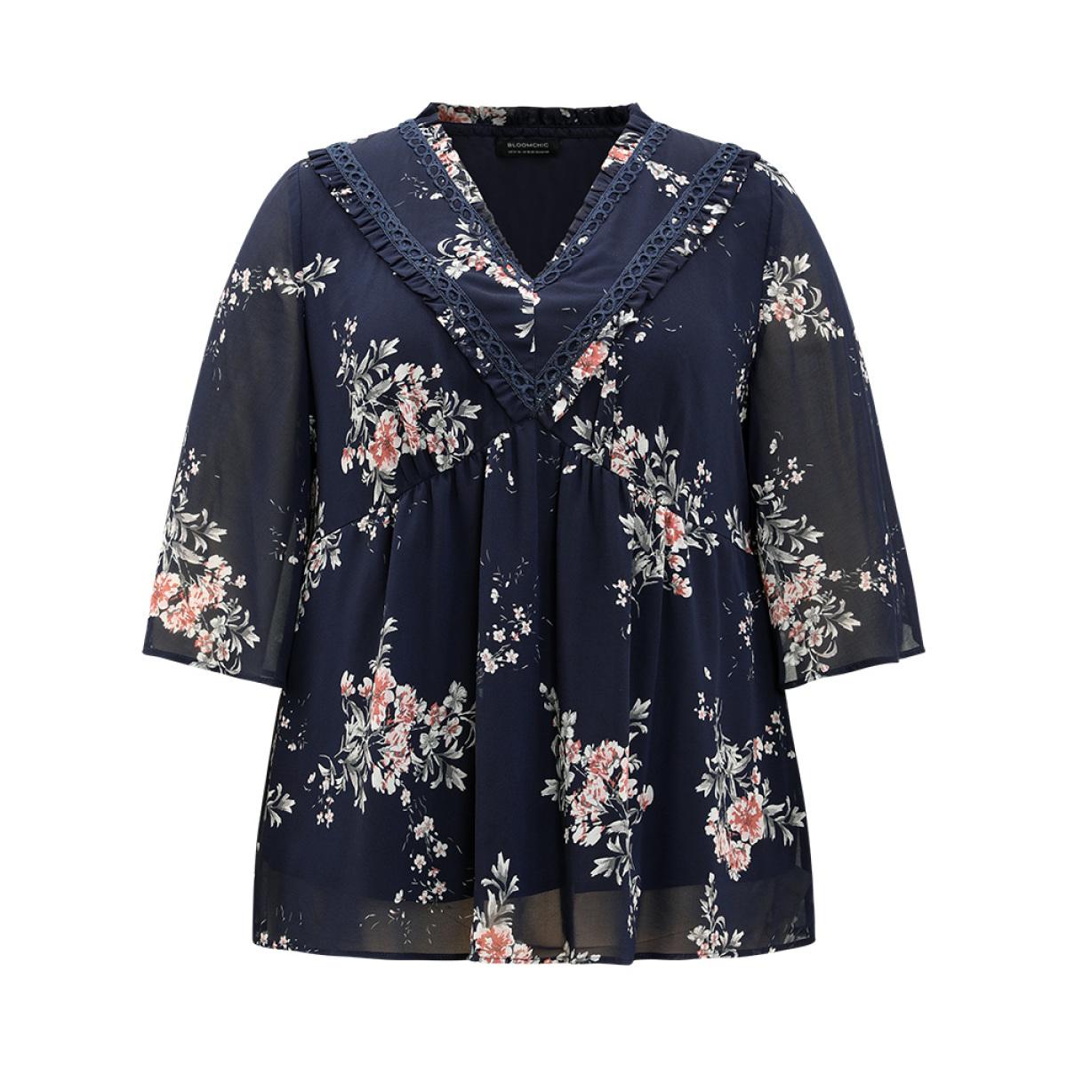 Plus Size Indigo Chiffon Floral Print Frill Trim Ruffle Blouse Women Elegant Half Sleeve V-neck Dailywear Blouses BloomChic 10/M Product Image