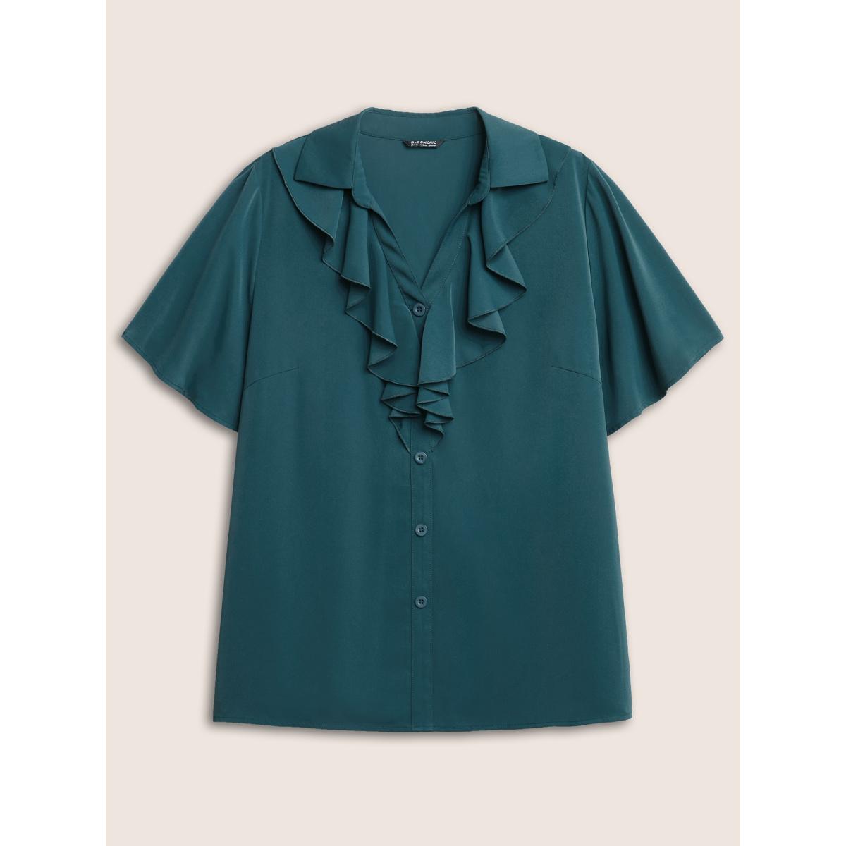 Plus Size Cyan Solid Button Detail Ruffle Trim Blouse Women At the Office Short sleeve Shirt collar Office Blouses BloomChic 14-16/1X Product Image