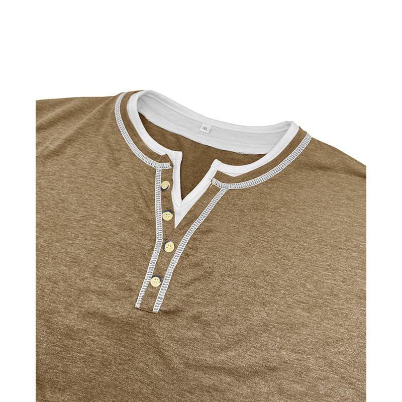 Mock Two-Piece Short-Sleeve Contrast Stitched Henley T-Shirt Product Image