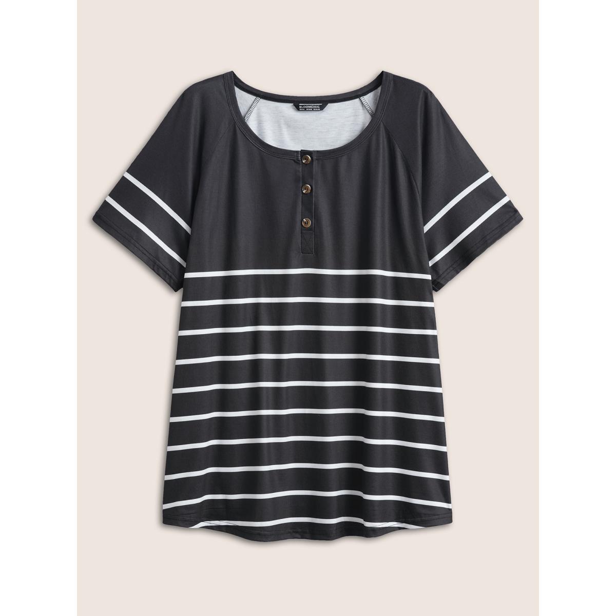 Plus Size Striped Print Raglan Sleeve Button Up T-shirt Black Women Casual Contrast Striped Round Neck Everyday T-shirts BloomChic 28/5X Product Image