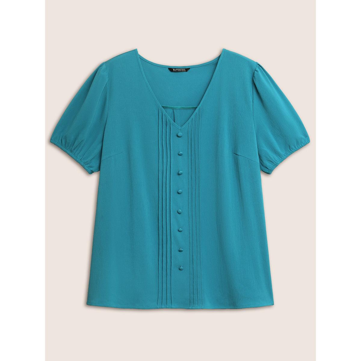 Plus Size Cerulean V Neck Button Detail Pleated Split Hem Blouse Women Casual Short sleeve V-neck Everyday Blouses BloomChic 30/6X Product Image