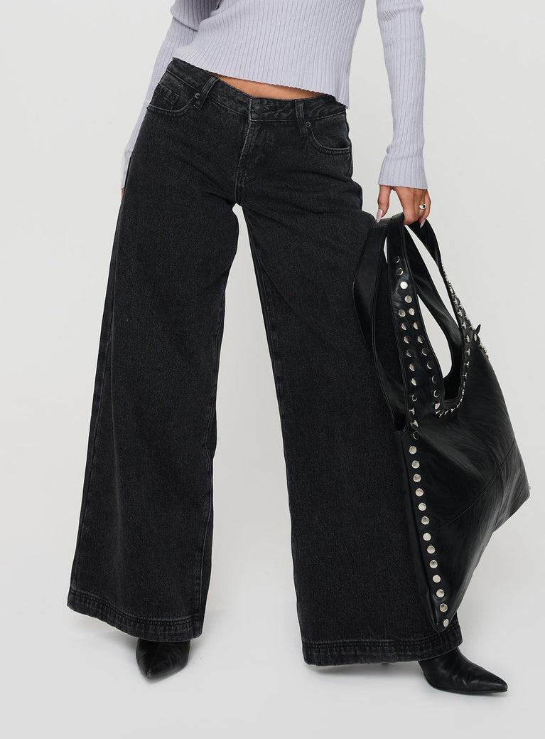 Ribbon Stamp Wide Leg Jeans Washed Black Product Image