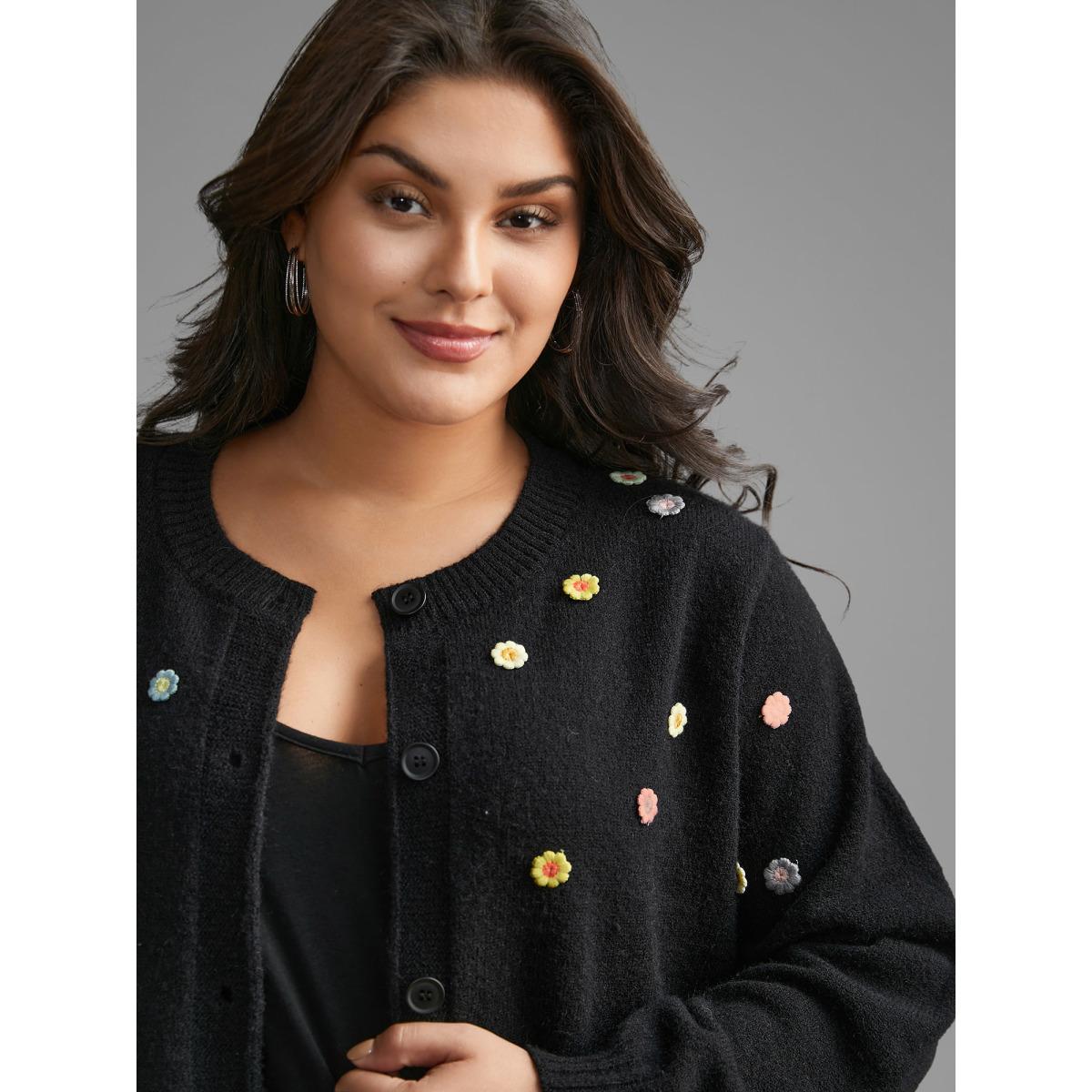 Plus Size Stereo Flower Design Button Through Cardigan Black Women Casual Loose Long Sleeve Everyday Cardigans BloomChic 10/M Product Image