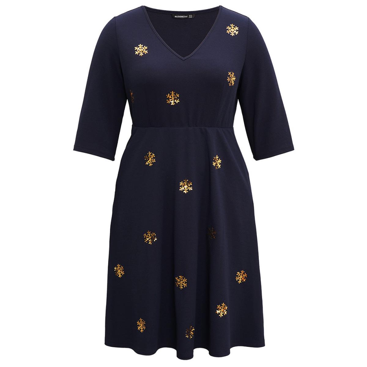Plus Size Snowflake Sequin Embroidered Pocket Dress Midnight Women Party Sequin V-neck Elbow-length sleeve Curvy Midi Dress BloomChic 12/L Product Image