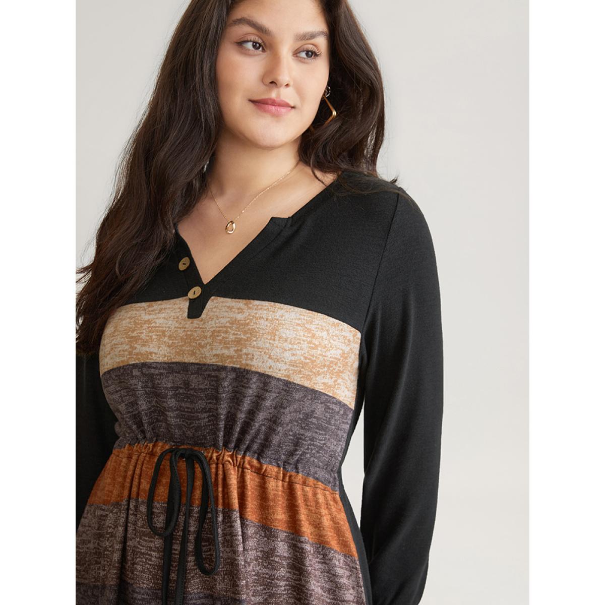 Plus Size Colorblock Striped Pocket Notched Drawstring Dress DarkBrown Women Casual Printed Notched collar Long Sleeve Curvy Midi Dress BloomChic 14-16/1X Product Image