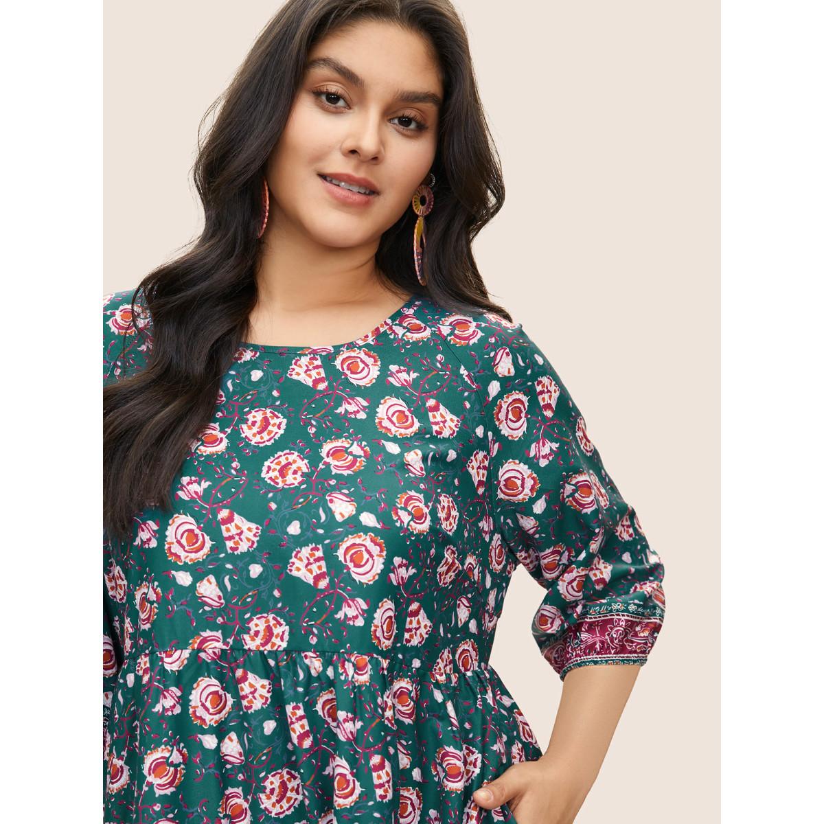 Plus Size Bandana Floral Print Lantern Sleeve Gathered Dress Emerald Women Resort Non Round Neck Elbow-length sleeve Curvy Midi Dress BloomChic 18-20/2X Product Image