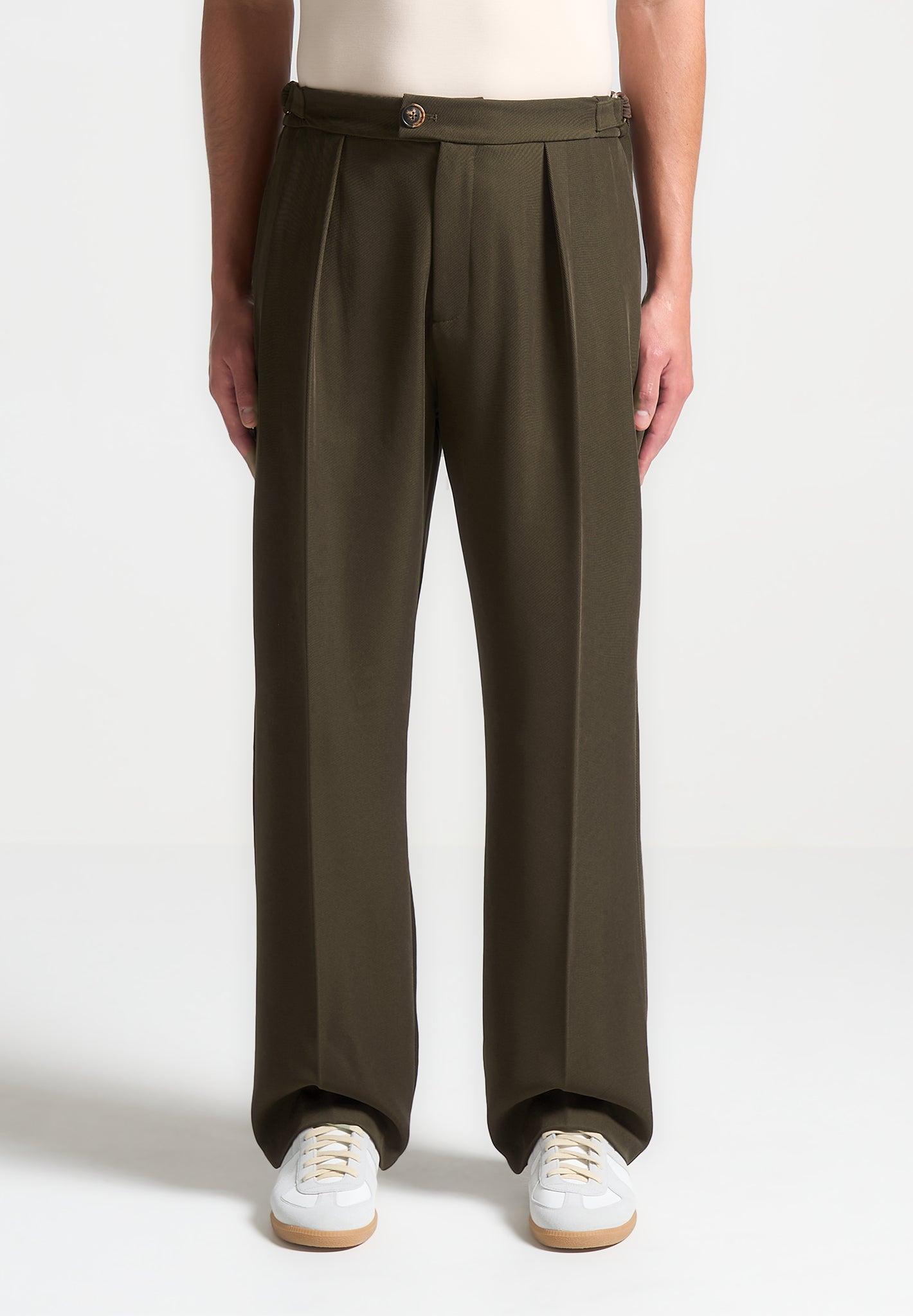 Relaxed Fit Twill Pleated Tailored Trousers - Khaki Male Product Image