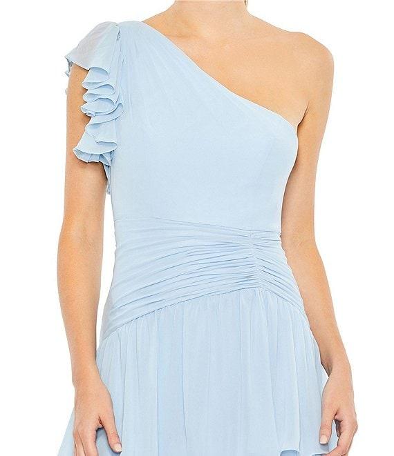 Mac Duggal Ruffle One Shoulder Ruched Waist Sleeveless Tiered Gown Product Image