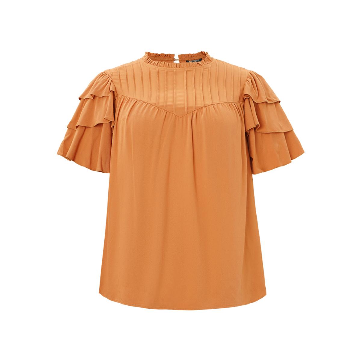 Plus Size Rust Solid Pleated Keyhole Ruffle Tiered Sleeve Frill Trim Blouse Women Elegant Short sleeve Round Neck Dailywear Blouses BloomChic 22-24/3X Product Image