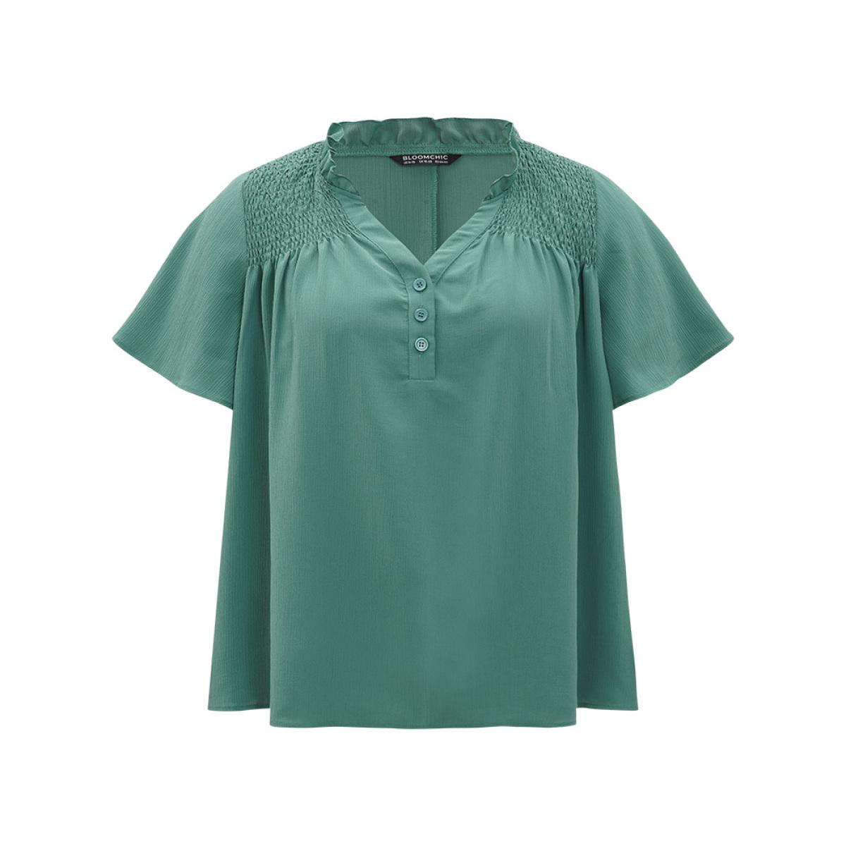Plus Size Aegean Plain Shirred Button Through Frill Trim Stand Collar Blouse Women Elegant Short sleeve V-neck Dailywear Blouses BloomChic 12/L Product Image