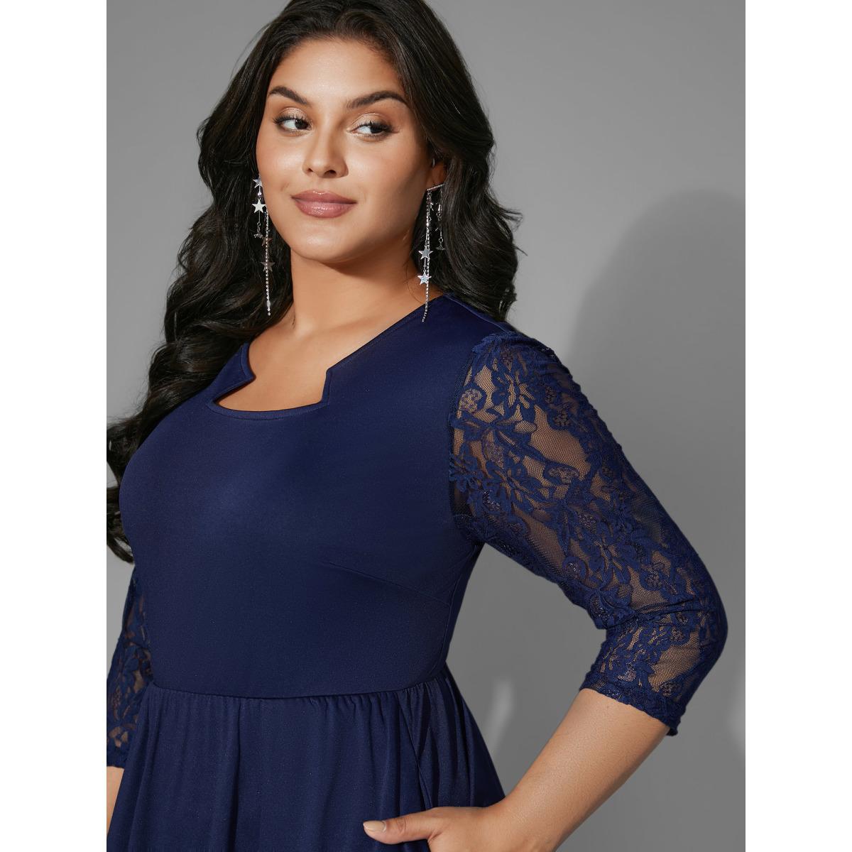 Plus Size Asymmetrical Neck Lace Patchwork Mesh Dress Navy Women Cocktail Woven ribbon&lace trim Party Curvy Bloomchic 12/L Product Image