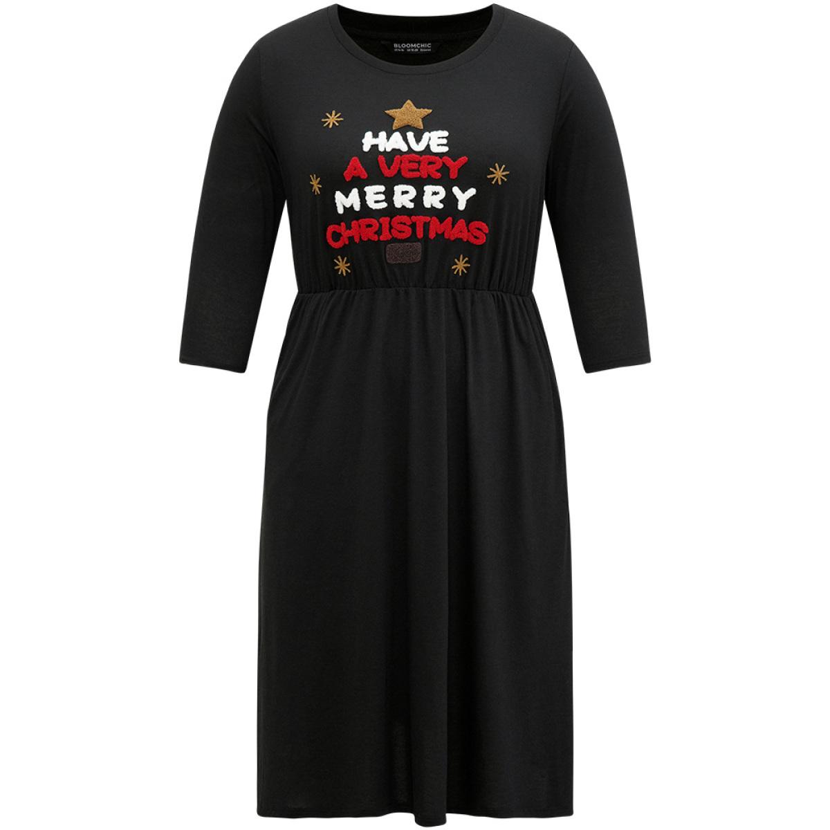 Plus Size Christmas Embroidered Star Elastic Waist Dress Black Women Casual Embroidered Round Neck Elbow-length sleeve Curvy Midi Dress BloomChic 30/6X Product Image