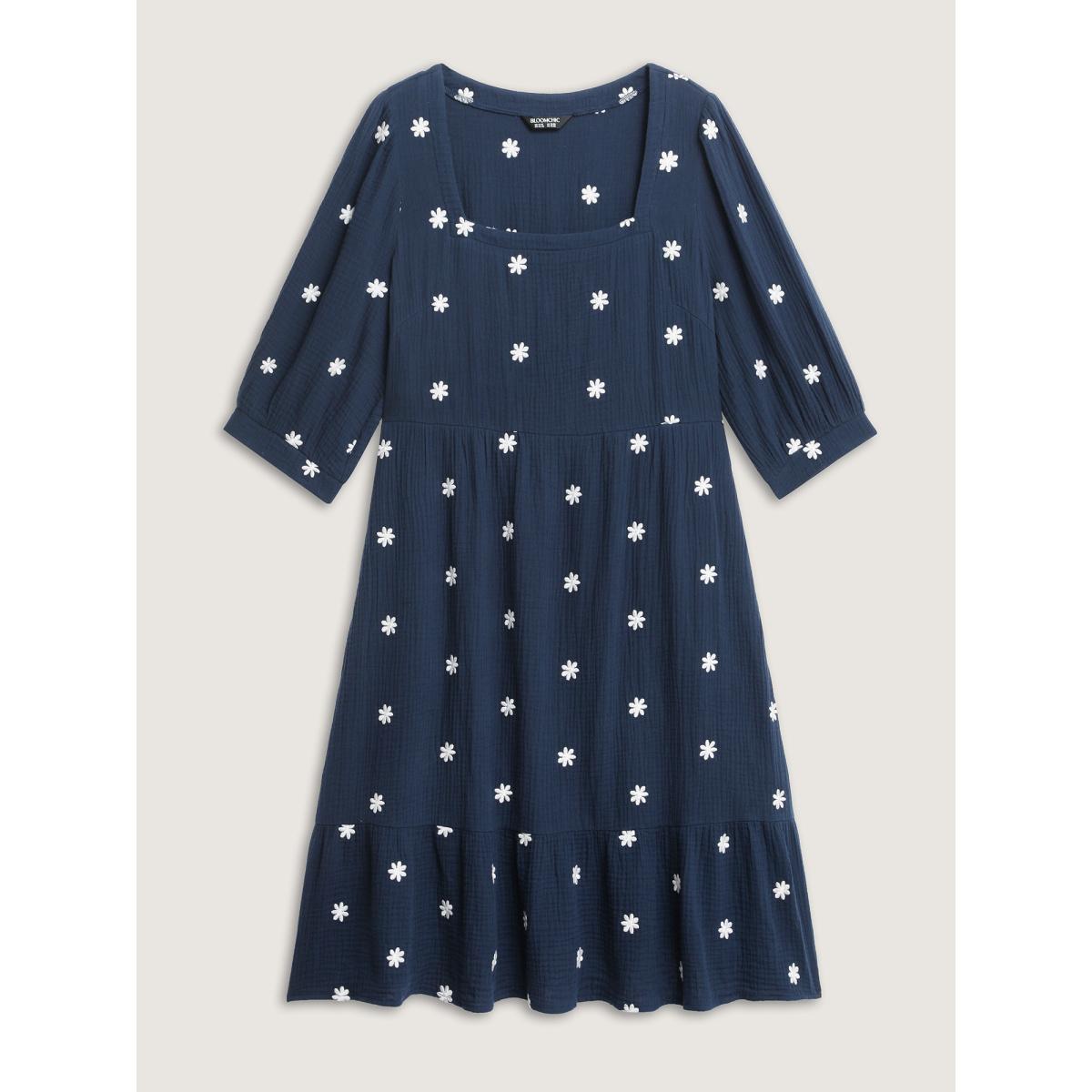 Plus Size Pure Cotton Embroidered Square Neck Midi Dress Navy Women Leisure Embroidered Square Neck Elbow-length sleeve Curvy BloomChic 30/6X Product Image