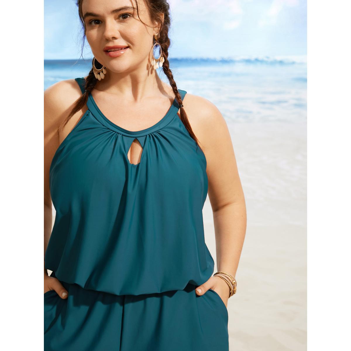 Plus Size Solid Keyhole Elastic Waist Gathered One Piece Swimsuit Women's Swimwear Teal Resort Gathered Curve Bathing Suits High stretch One Pieces BloomChic 14-16/1X Product Image