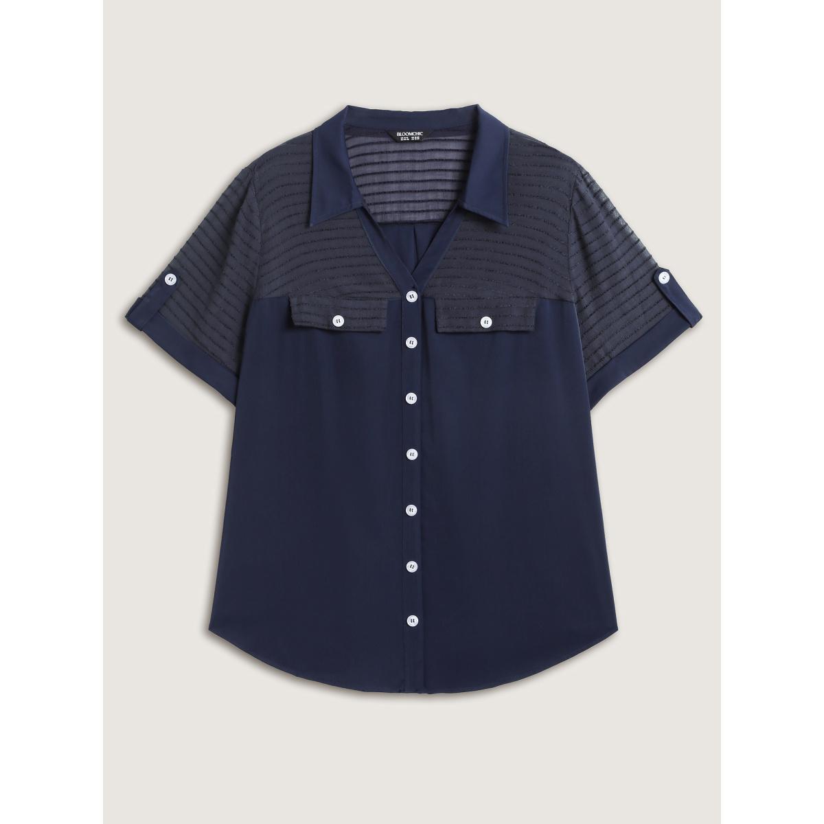 Plus Size Aegean Sheer Neck Collar Tab Sleeve Blouse Women Short sleeve Shirt collar Work Blouses BloomChic 30/6X Product Image