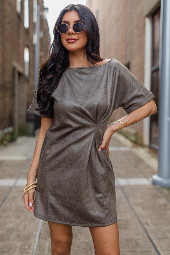 You Deserve It Mushroom Faux Leather Cinched Mini Dress FINAL SALE Product Image