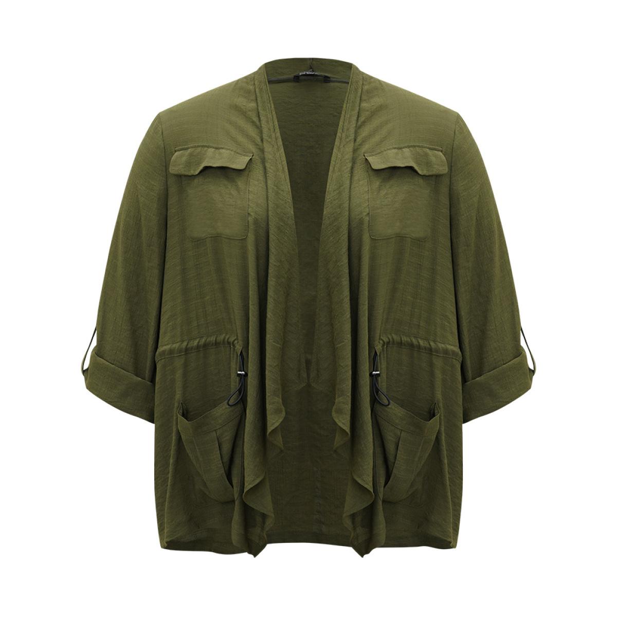 Plus Size Supersoft Essentials Plain Pocket Asymmetrical Drawstring Coat Women ArmyGreen Plain Pocket Dailywear Jackets BloomChic 26/4X Product Image