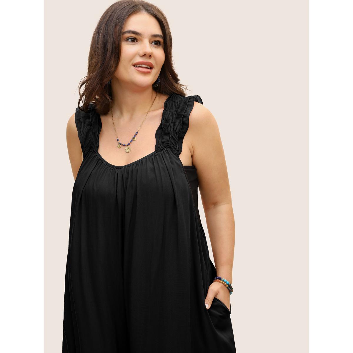 Plus Size Black Rayon Ruffle Trim Gathered Tie Knot Jumpsuit Women Resort Sleeveless V-neck Vacation Loose Jumpsuits BloomChic 28/5X Product Image