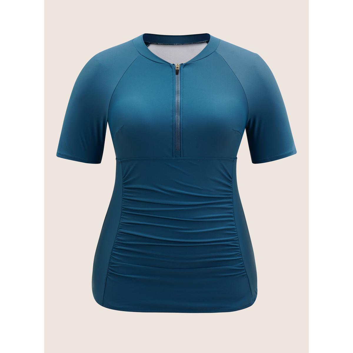 Plus Size Zipper Raglan Sleeve Ruched Swim Top Women's Swimwear Aegean Beach Non High stretch Skinny Round Neck Curve Swim Tops BloomChic 28/5X Product Image