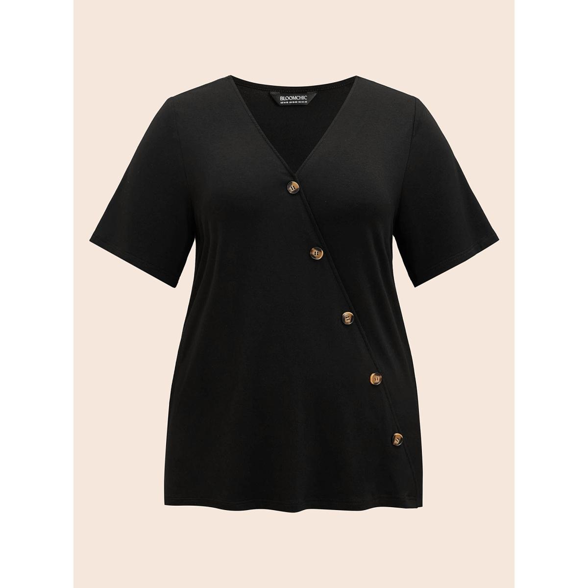 Plus Size Plain V Neck Button Detail Flutter Sleeve T-shirt Black Women Casual Plain Plain V-neck Dailywear T-shirts BloomChic 30/6X Product Image