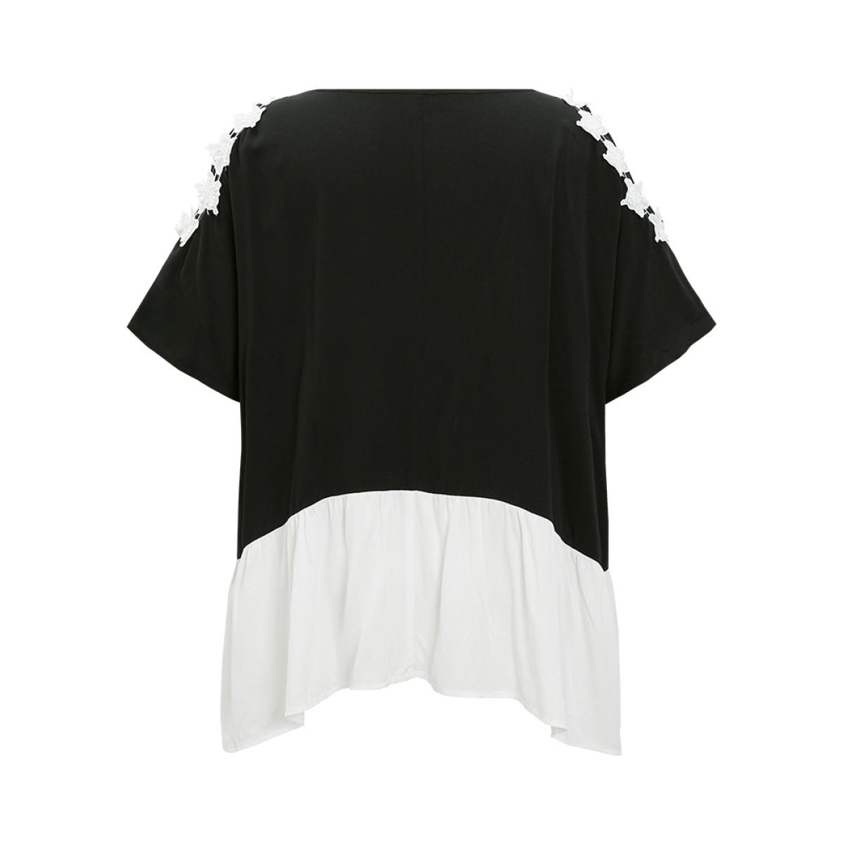 Plus Size Black Floral Appliques Patchwork Asymmetrical Hem Cold Shoulder Blouse Women Elegant Short sleeve Cold Shoulder Dailywear Blouses BloomChic 10/M Product Image