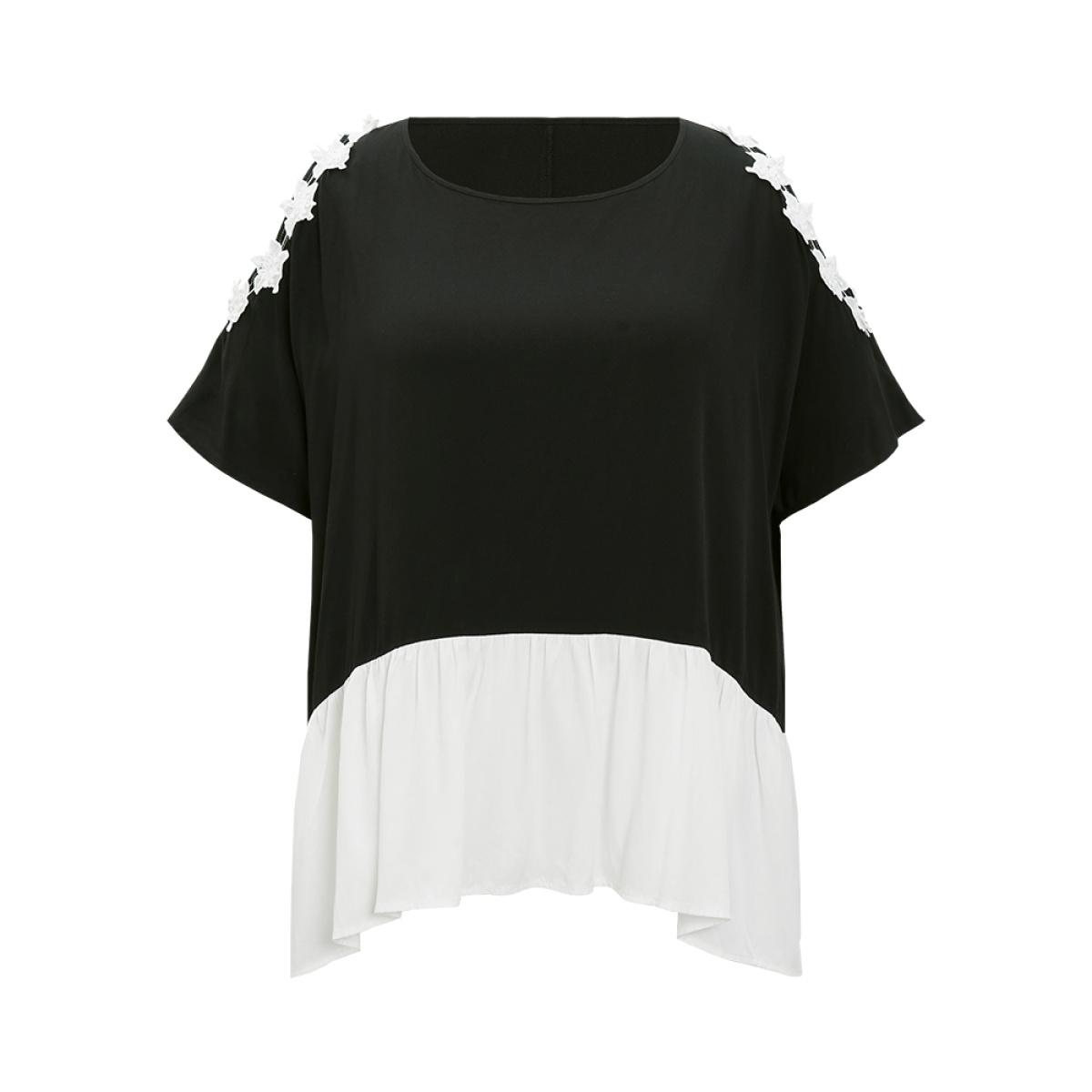 Plus Size Black Floral Appliques Patchwork Asymmetrical Hem Cold Shoulder Blouse Women Elegant Short sleeve Cold Shoulder Dailywear Blouses BloomChic 10/M Product Image