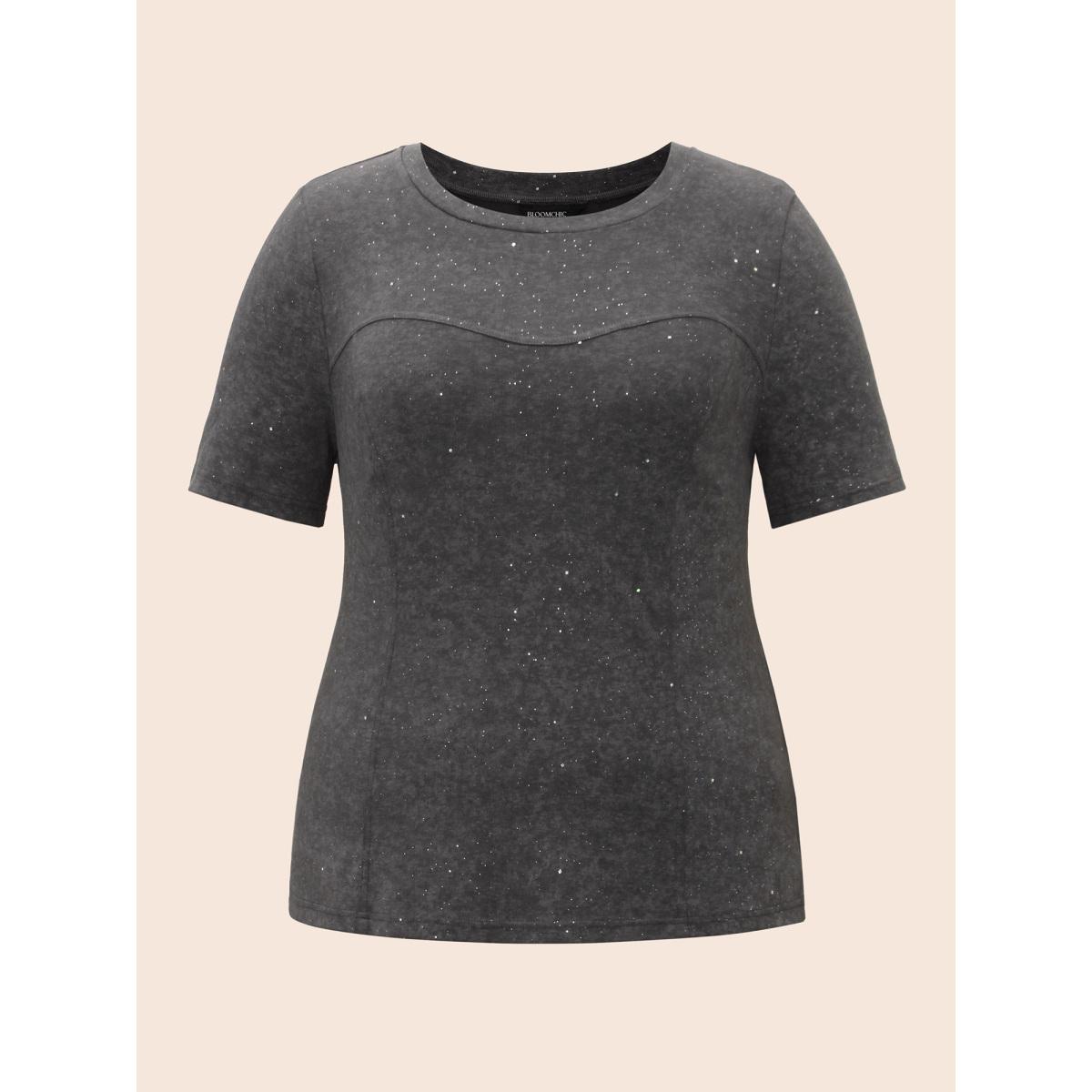 Plus Size Gleaming Textured Sequin Slim-Fit T-shirt Acidwashblack Women Casual Non Round Neck Everyday T-shirts BloomChic 14-16/1X Product Image