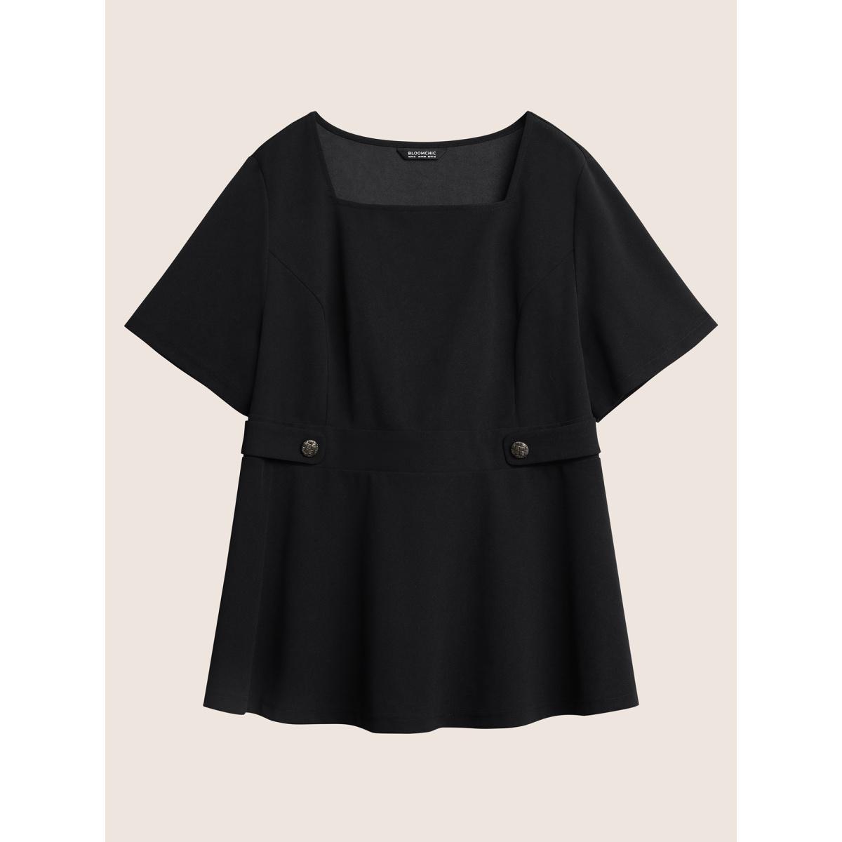 Plus Size Black Square Neck Waist Tab Gathered Blouse Women Workwear Essentials Short sleeve Square Neck Work Blouses BloomChic 10/M Product Image